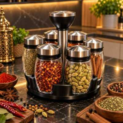 ستاند بهارات دوّار مع 7 مرطبانات زجاج 6